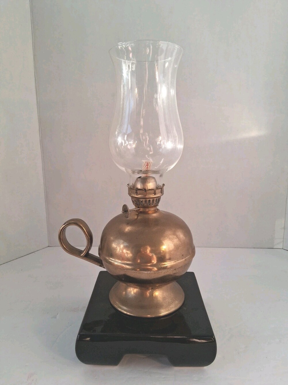 Vintage 1970's Solid Brass Finger Oil Lamp Chamber Lantern w/Clear Glass Chimney